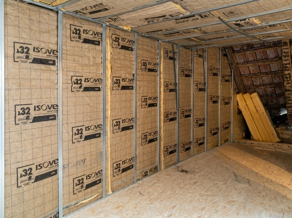 Chantier intérieur en cours, pièce vide avec murs et plafond en cours d'isolation