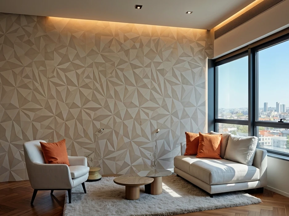 Salon moderne en hauteur avec vue urbaine