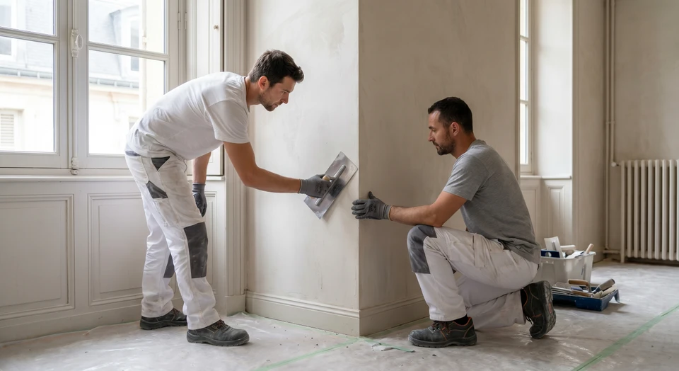 Un artisan en train de finaliser la pose d'un enduit ou d'une peinture sur un mur intérieur d'une habitation, montrant précision et attention au détail. L'image capte un moment de travail qualifié où le professionnel applique ses techniques de finition avec soin, dans un cadre de rénovation résidentielle. Ambiance chaleureuse, lumière naturelle, outils professionnels bien maîtrisés. L'objectif est de transmettre l'exigence technique et le contrôle d'exécution du "premier coup de machine à la finition".