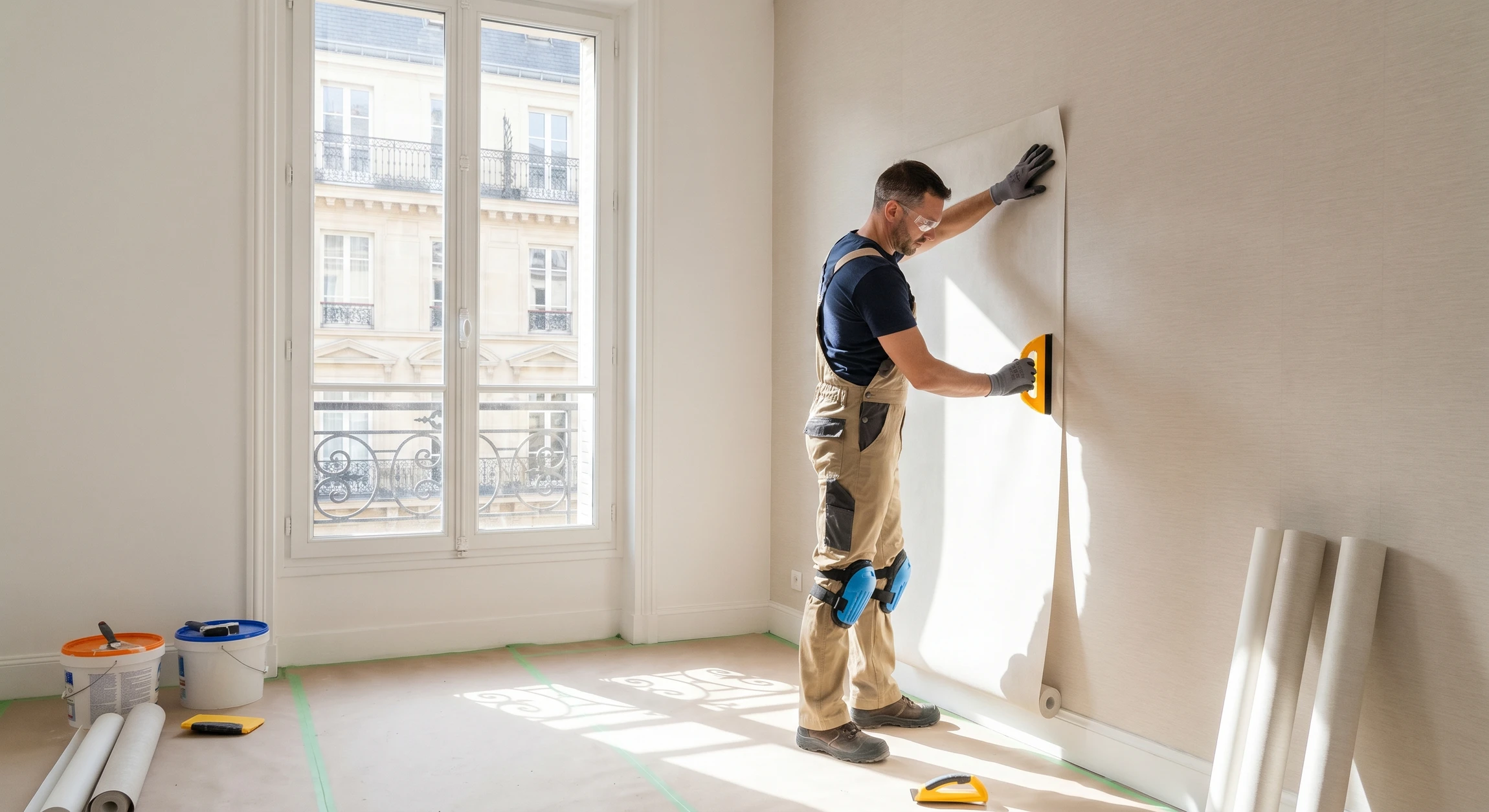 Un artisan en salopette noire et t-shirt blanc applique du papier peint blanc sur un mur intérieur