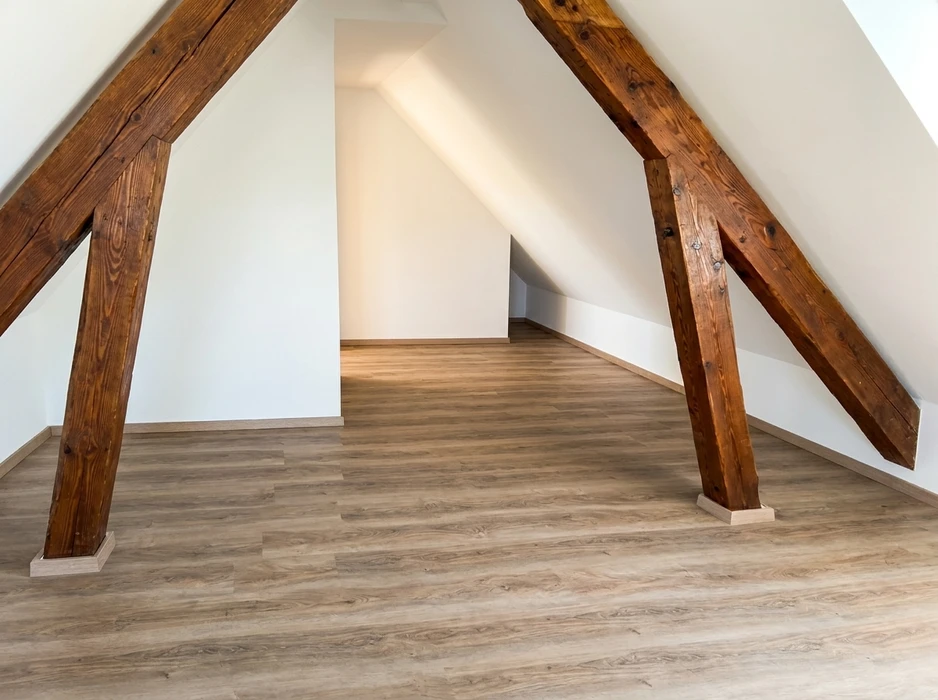 Combles aménagés vides, murs blancs, plafond en pente