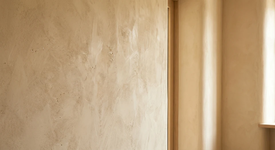 Gros plan sur un mur intérieur revêtu d'un enduit naturel à texture visible, présentant une finition lisse ou légèrement texturée de couleur terre douce (beige, ocre clair ou gris taupe). La lumière naturelle met en évidence la texture et la profondeur de la finition, soulignant son caractère authentique et sa chaleur. Le mur doit occuper la majeure partie du cadre, montrant clairement la qualité et l'esthétique de l'application de l'enduit, avec éventuellement un détail architectural simple (coin du mur, jonction) pour renforcer le contexte intérieur résidentiel.