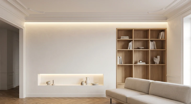 Salon moderne avec escalier suspendu en bois éclairé par LED intégrées, mur en briques apparentes, canapé d'angle beige face à télévision murale