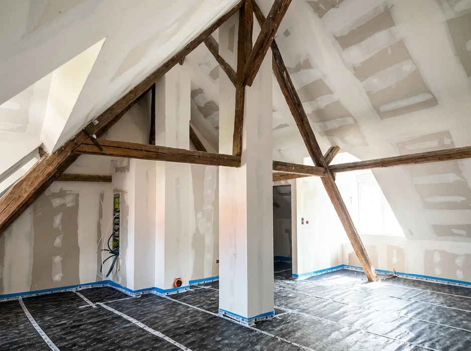 Chantier de construction intérieur avec trois professionnels du bâtiment en équipements de protection individuelle (casques jaune, bleu, blanc, gilets haute visibilité) analysant des plans architecturaux sur table de travail temporaire
