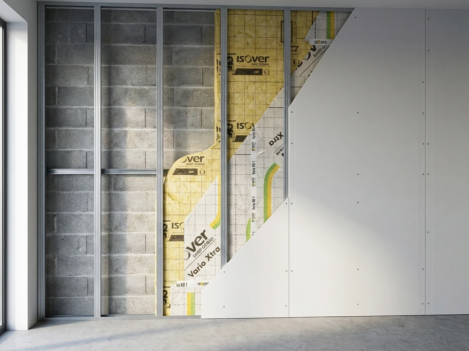 Chantier de rénovation intérieure d'une cuisine moderne avec cloisons sèches en cours d'installation