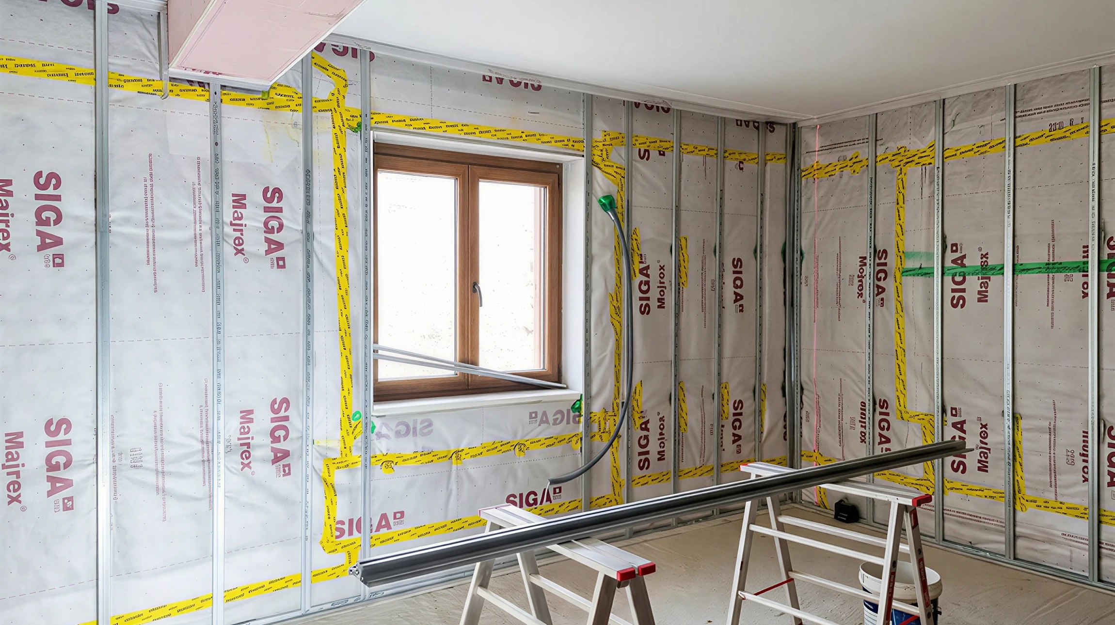 Ouvrier installant isolation thermique dans cloison intérieure