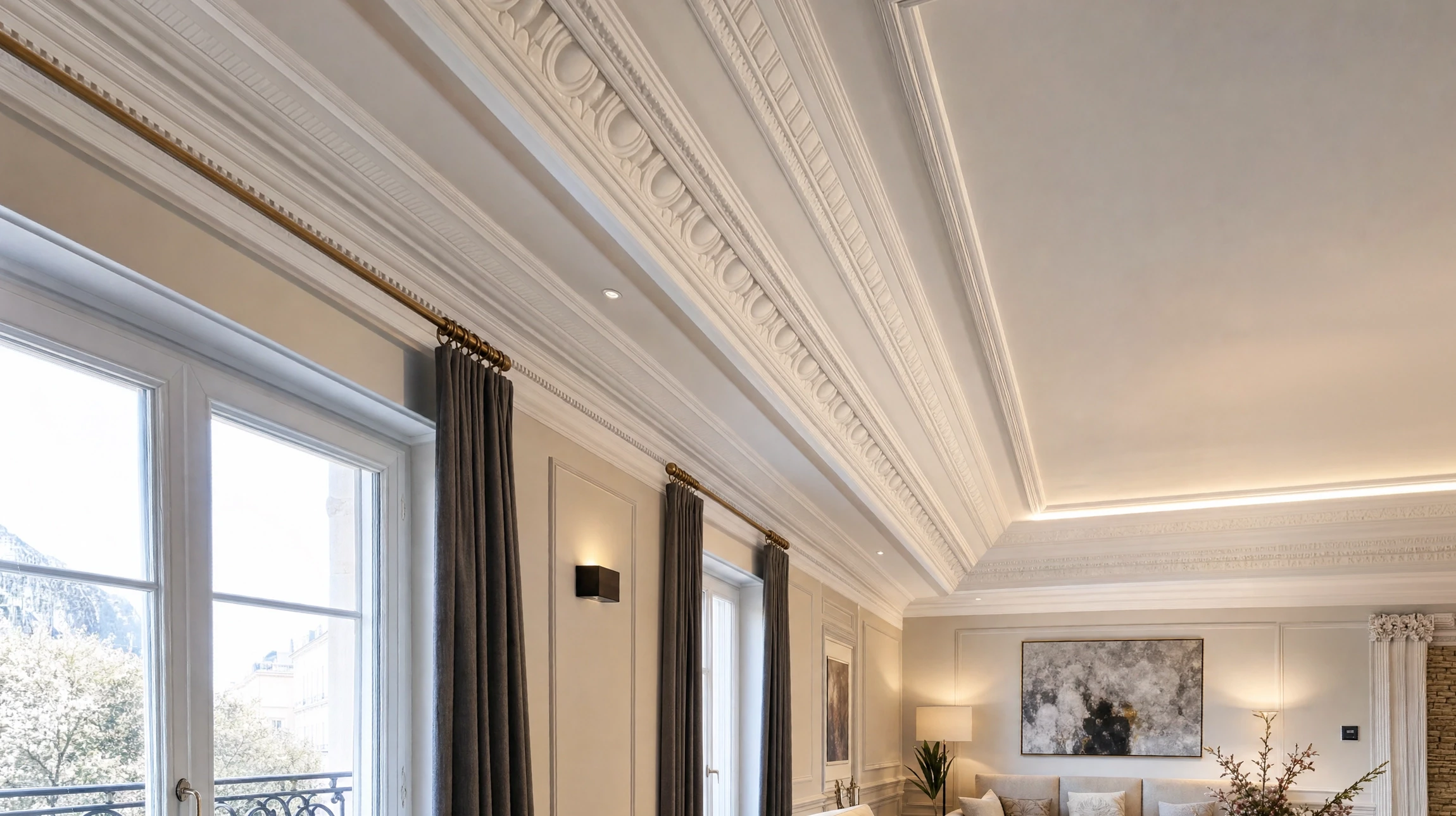 Plafond intérieur blanc avec moulures décoratives et rosace centrale ornementée