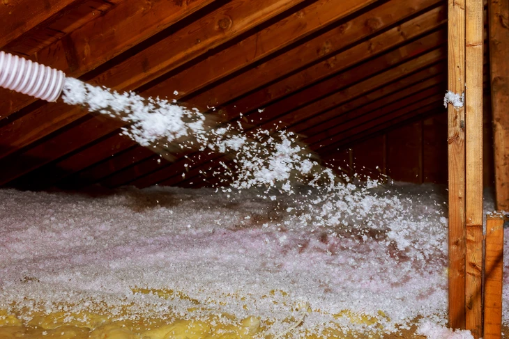 Ouvrier en équipement de protection individuelle installant de l'isolation thermique dans les combles d'une habitation