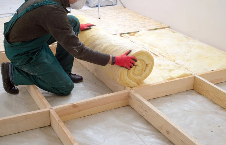 Ouvrier en salopette verte installant de l'isolant thermique en laine de verre jaune entre les solives d'un plancher en construction