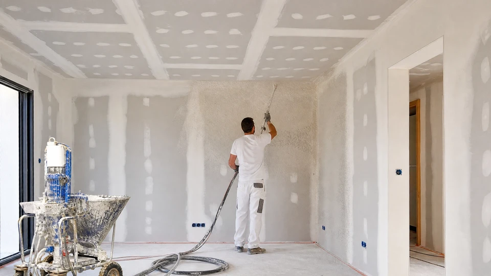 Gros plan sur un plafond intérieur fraîchement enduit de plâtre projeté, montrant une surface blanche lisse, uniforme et parfaitement finie, sans défaut ni irrégularité. La lumière naturelle met en évidence la qualité immaculée de la finition.