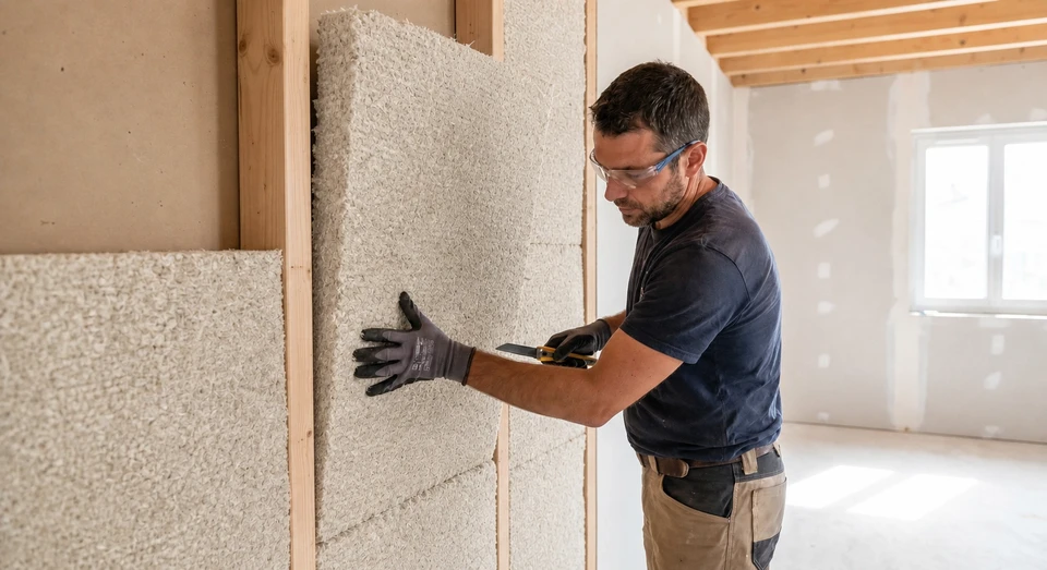 Ouvrier en combinaison verte et gants rouges installe de l'isolant thermique jaune entre les solives d'un plancher en construction
