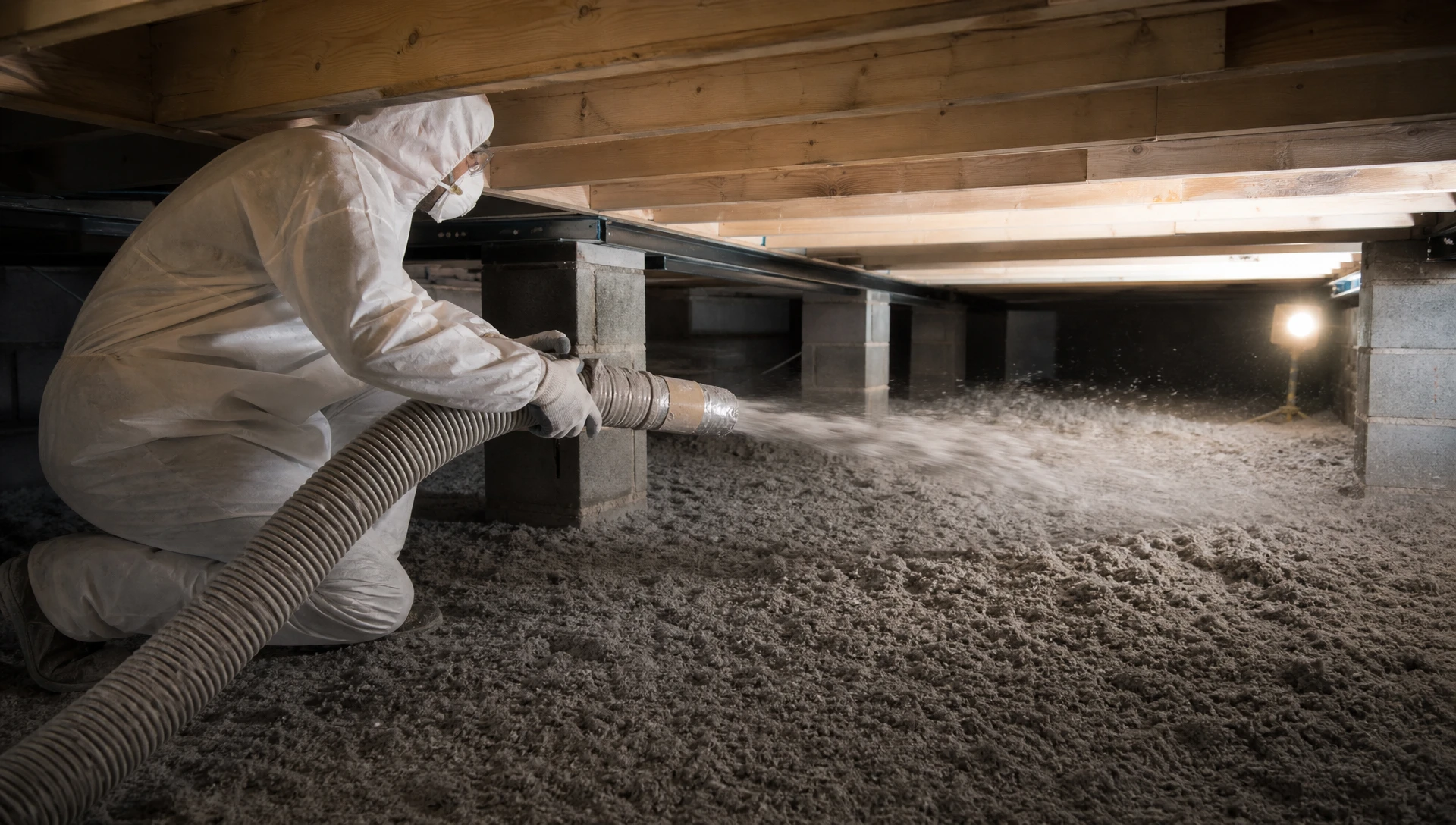 Deux mains ouvertes en coupe présentent un amas de matériau isolant thermique gris-blanc à texture fibreuse et volumineuse, sur fond neutre blanc