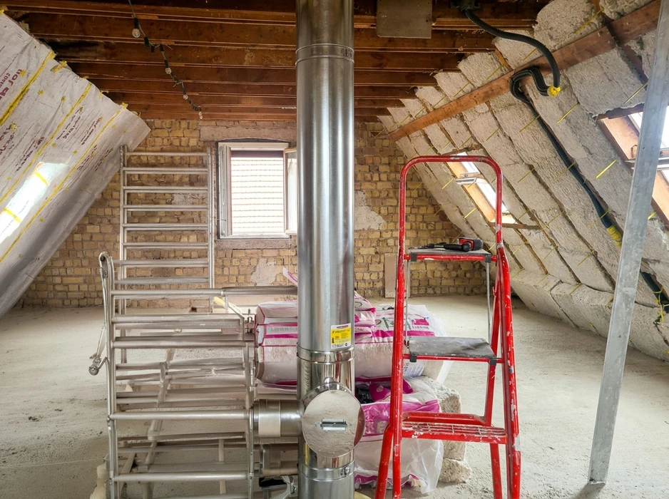 Intérieur de combles en cours de rénovation, vue depuis le bas vers le toit