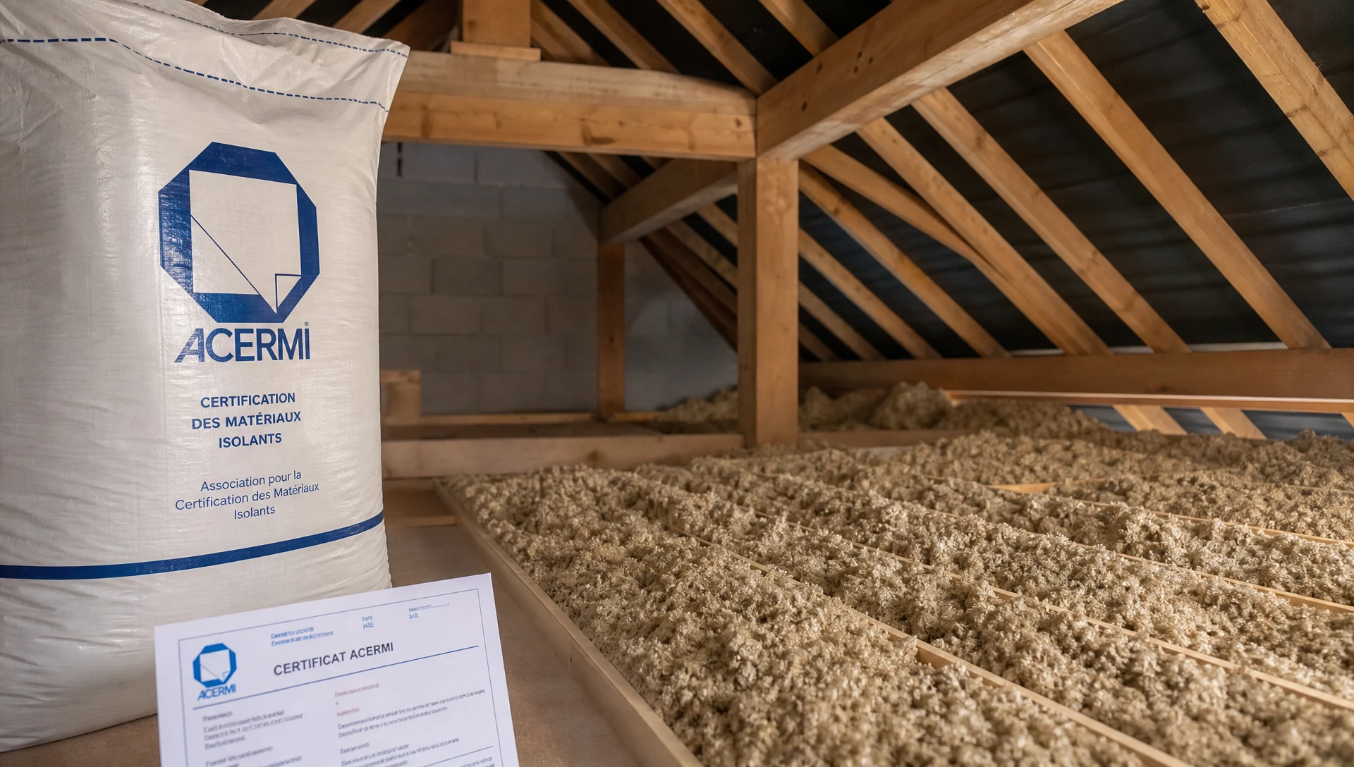 Matériau isolant en fibres naturelles beiges posé sur surface bois