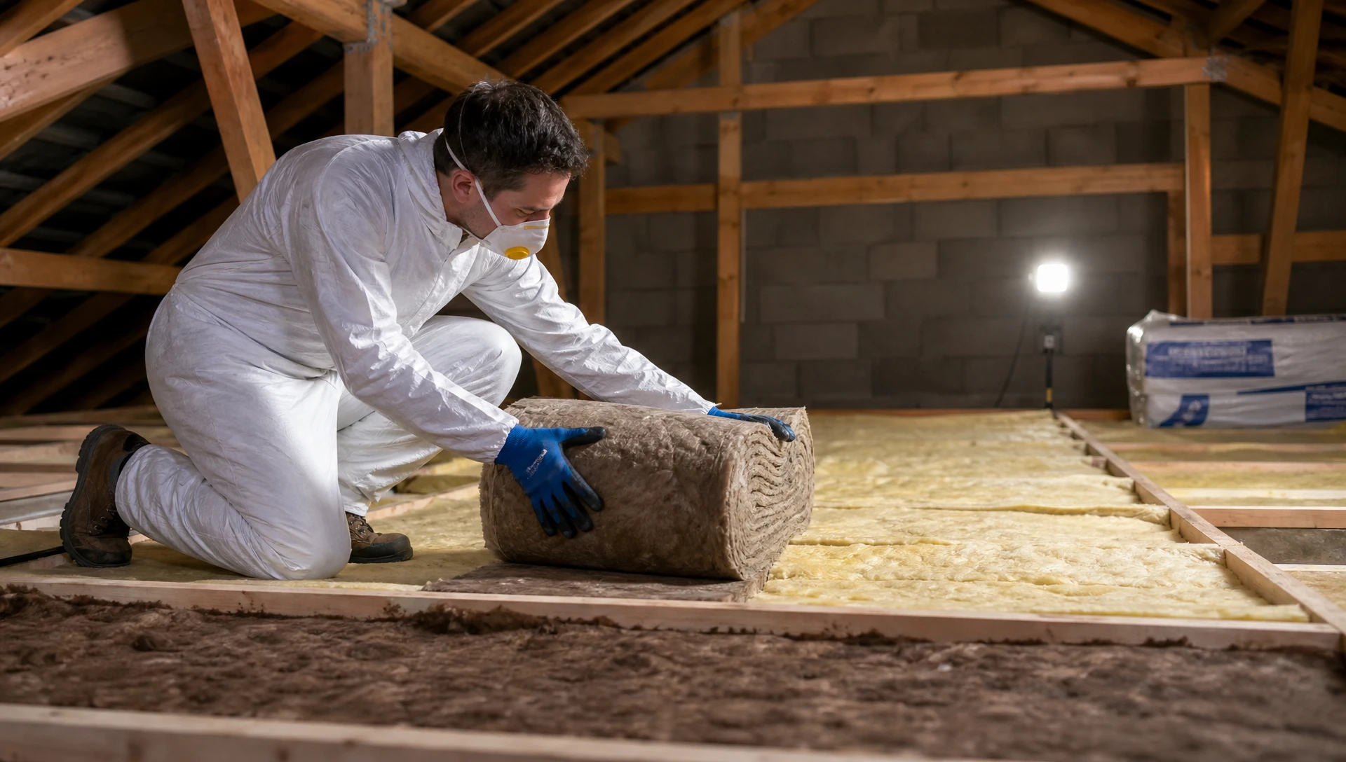Ouvrier en combinaison de protection intégrale pulvérise de l'isolant cellulose dans les murs d'une maison en construction