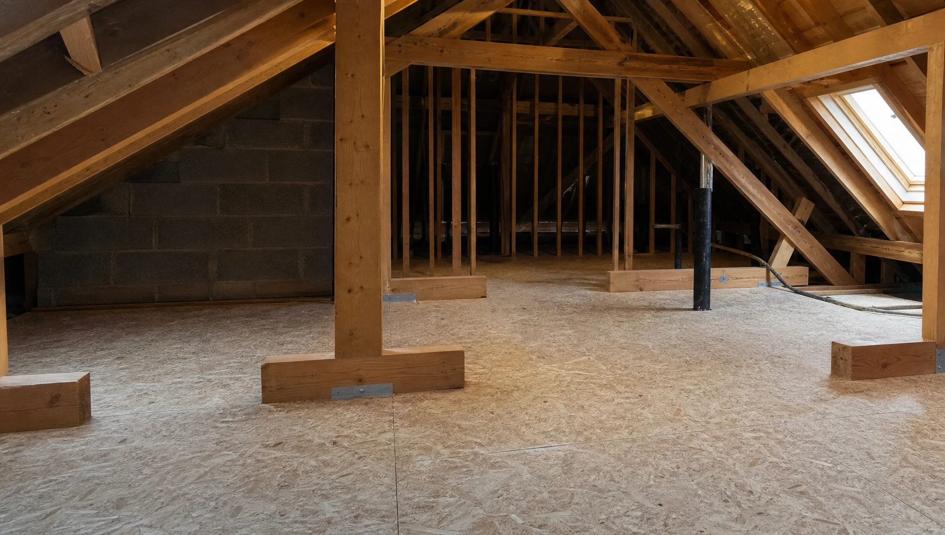 Combles aménageables en cours de rénovation avec charpente bois apparente et isolation sous-toiture